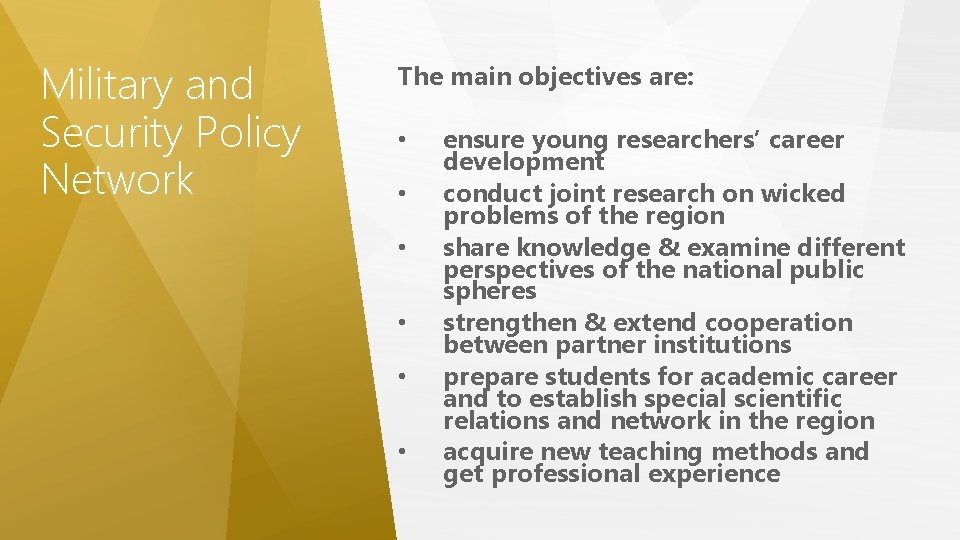 Military and Security Policy Network The main objectives are: • • • ensure young