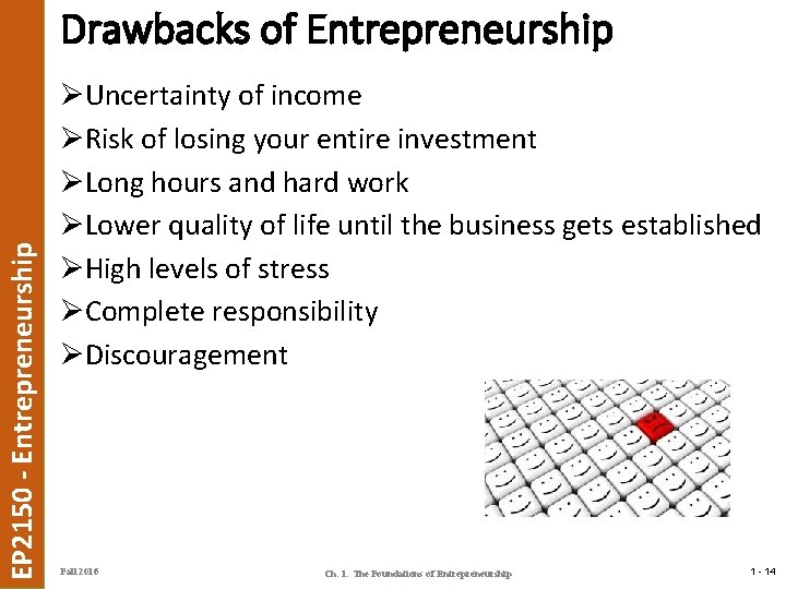 EP 2150 - Entrepreneurship Drawbacks of Entrepreneurship ØUncertainty of income ØRisk of losing your