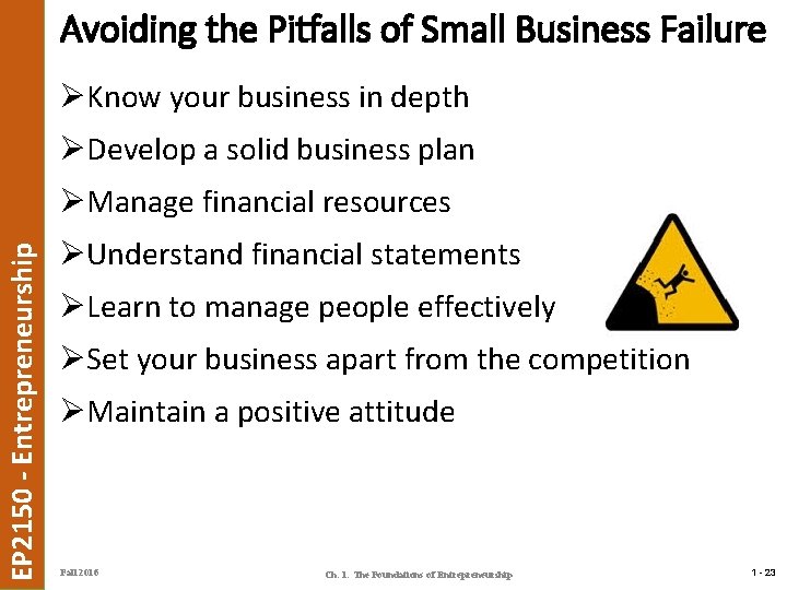 Avoiding the Pitfalls of Small Business Failure ØKnow your business in depth ØDevelop a