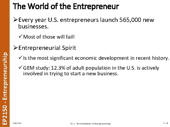 The World of the Entrepreneur ØEvery year U. S. entrepreneurs launch 565, 000 new