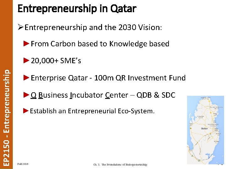 Entrepreneurship in Qatar ØEntrepreneurship and the 2030 Vision: ►From Carbon based to Knowledge based