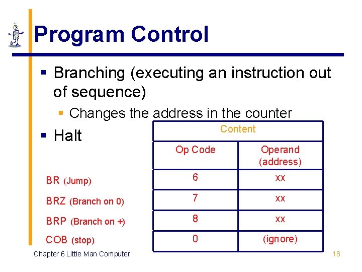 Program Control § Branching (executing an instruction out of sequence) § Changes the address Program Control § Branching (executing an instruction out of sequence) § Changes the address