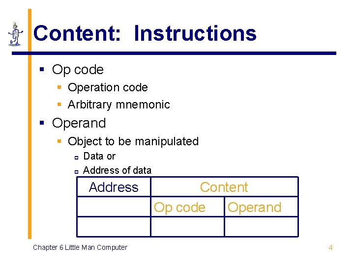 Content: Instructions § Op code § Operation code § Arbitrary mnemonic § Operand § Content: Instructions § Op code § Operation code § Arbitrary mnemonic § Operand §