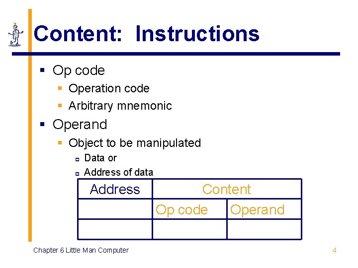 Content: Instructions § Op code § Operation code § Arbitrary mnemonic § Operand §