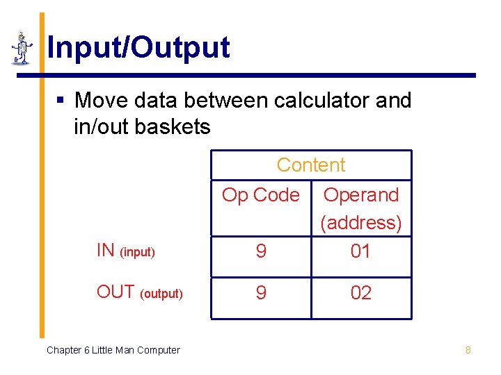 Input/Output § Move data between calculator and in/out baskets Content Op Code IN (input)