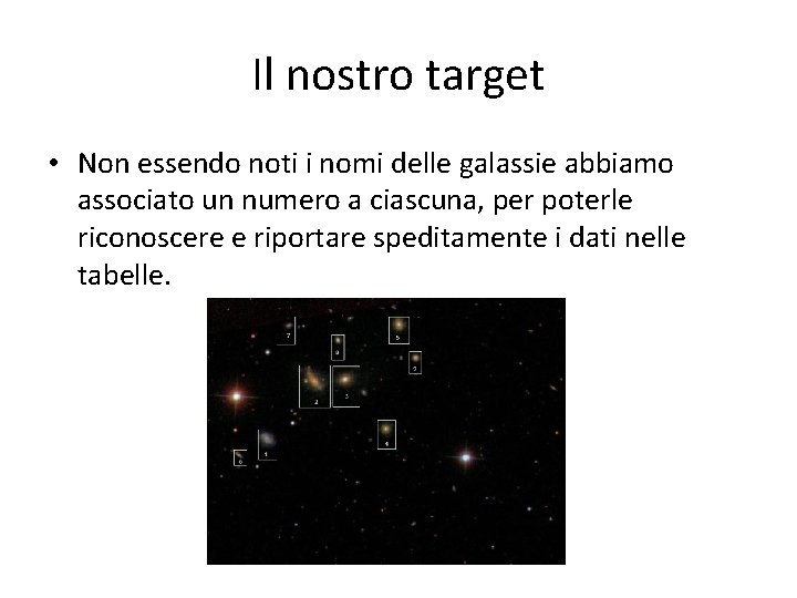 Il nostro target • Non essendo noti i nomi delle galassie abbiamo associato un