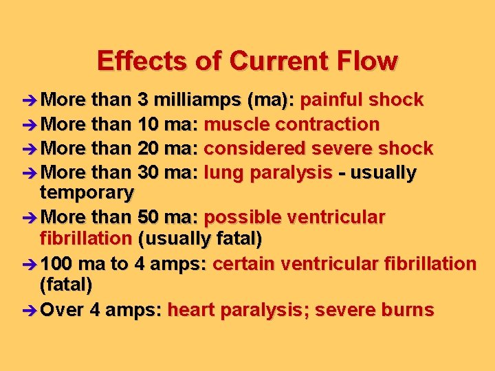 Effects of Current Flow è More than 3 milliamps (ma): painful shock è More