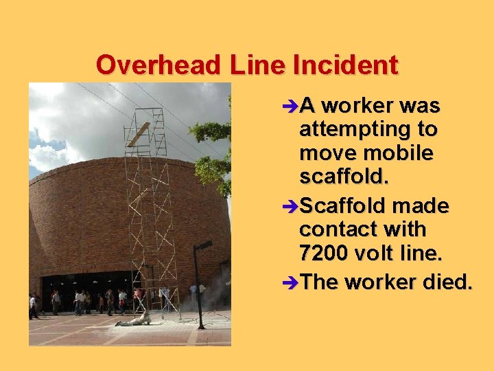 Overhead Line Incident èA worker was attempting to move mobile scaffold. èScaffold made contact