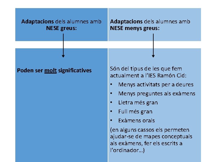 Adaptacions dels alumnes amb NESE greus: Poden ser molt significatives Adaptacions dels alumnes amb