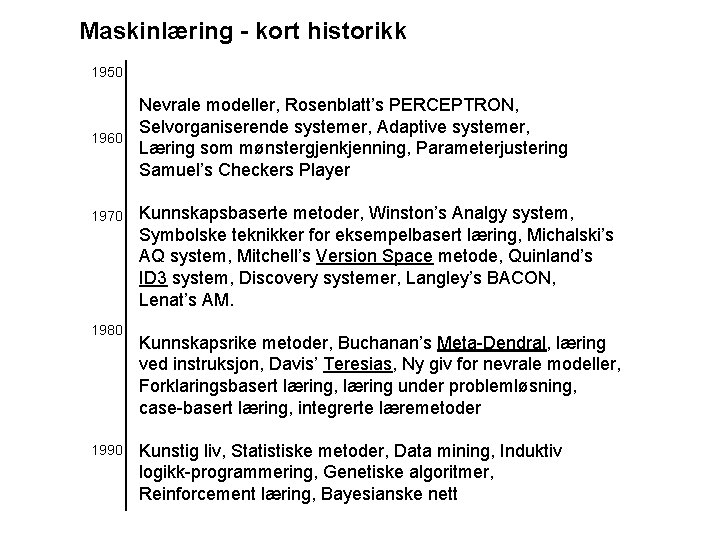 Maskinlæring - kort historikk 1950 1960 1970 1980 1990 Nevrale modeller, Rosenblatt’s PERCEPTRON, Selvorganiserende