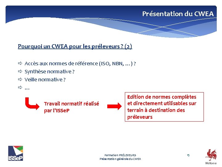 Présentation du CWEA Pourquoi un CWEA pour les préleveurs ? (2) Accès aux normes