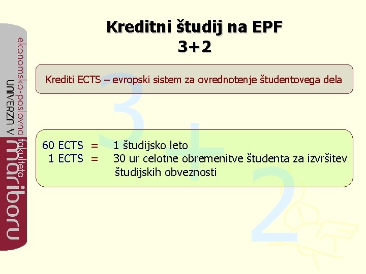 Kreditni študij na EPF 3+2 3+ Krediti ECTS – evropski sistem za ovrednotenje študentovega