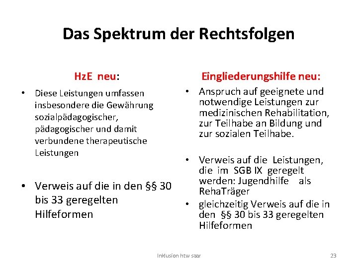 Das Spektrum der Rechtsfolgen Hz. E neu: Eingliederungshilfe neu: • Anspruch auf geeignete und