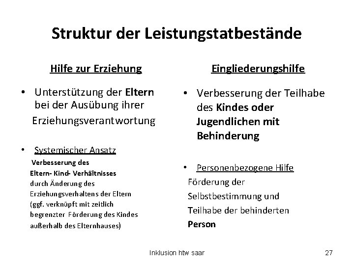 Struktur der Leistungstatbestände Hilfe zur Erziehung Eingliederungshilfe • Unterstützung der Eltern bei der Ausübung