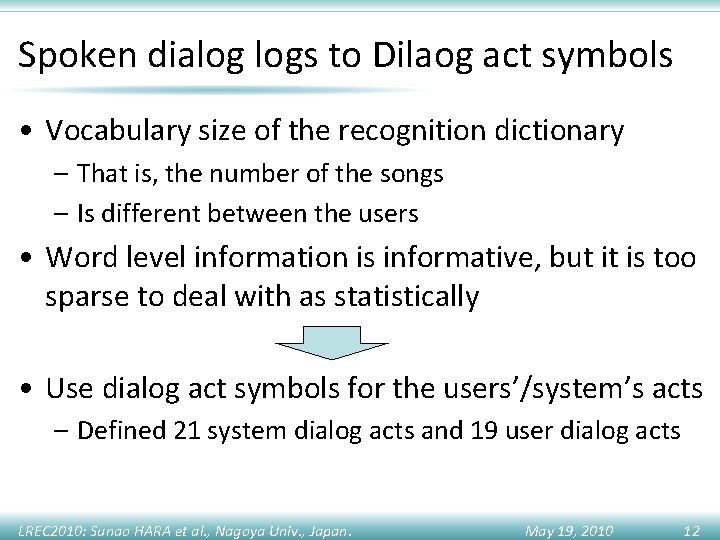 Spoken dialog logs to Dilaog act symbols • Vocabulary size of the recognition dictionary