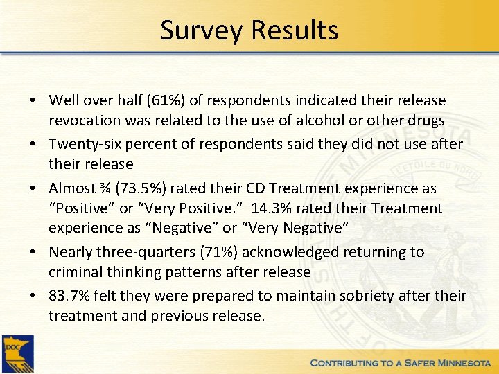 Survey Results • Well over half (61%) of respondents indicated their release revocation was