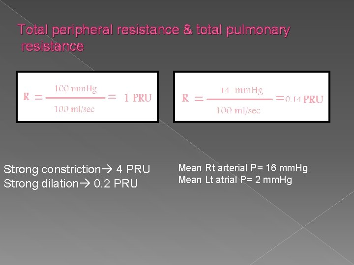 Total peripheral resistance & total pulmonary resistance Strong constriction 4 PRU Strong dilation 0.
