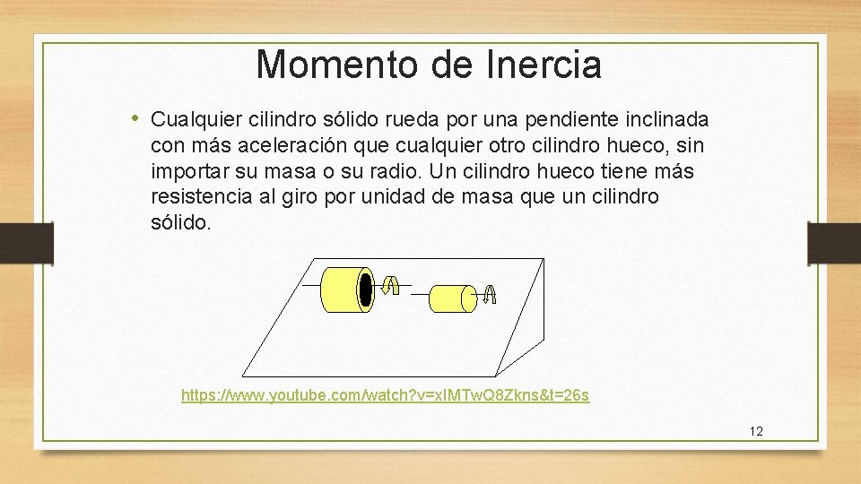 Momento de Inercia • Cualquier cilindro sólido rueda por una pendiente inclinada con más