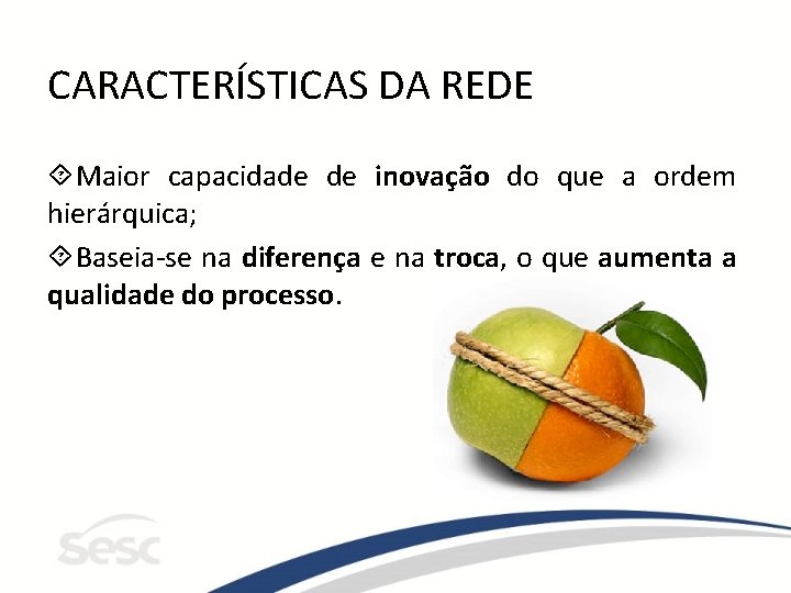 CARACTERÍSTICAS DA REDE Maior capacidade de inovação do que a ordem hierárquica; Baseia-se na