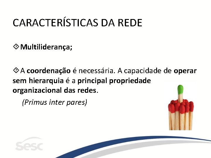 CARACTERÍSTICAS DA REDE Multiliderança; A coordenação é necessária. A capacidade de operar sem hierarquia