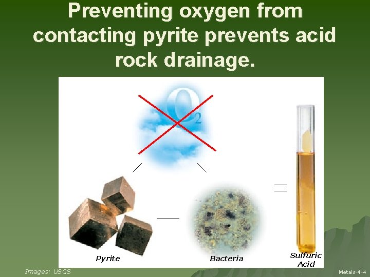 Preventing oxygen from contacting pyrite prevents acid rock drainage. Oxygen Pyrite Images: USGS Bacteria