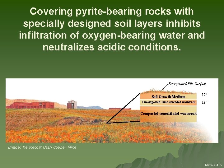 Covering pyrite-bearing rocks with specially designed soil layers inhibits infiltration of oxygen-bearing water and