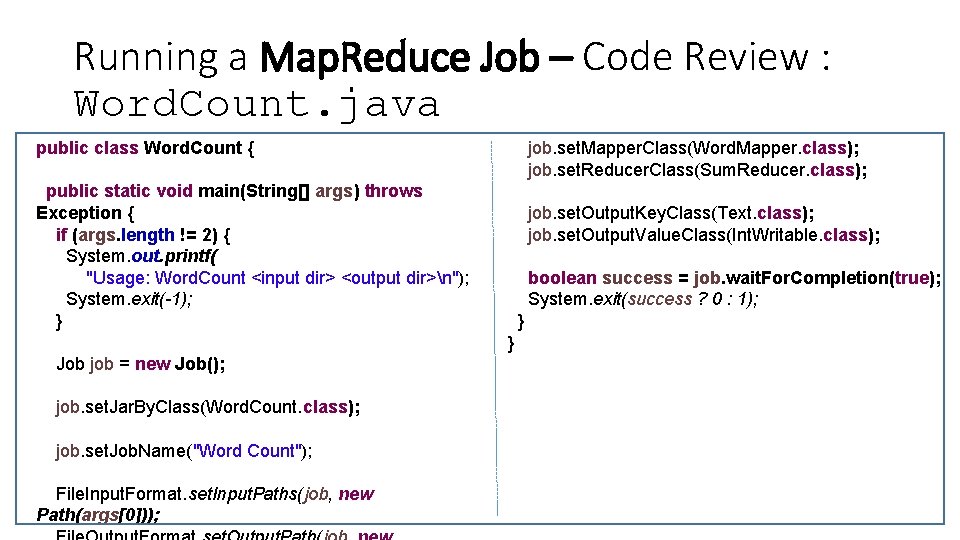 Running a Map. Reduce Job – Code Review : Word. Count. java public class