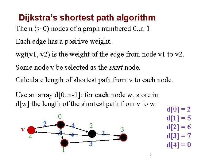 Dijkstra’s shortest path algorithm The n (> 0) nodes of a graph numbered 0.