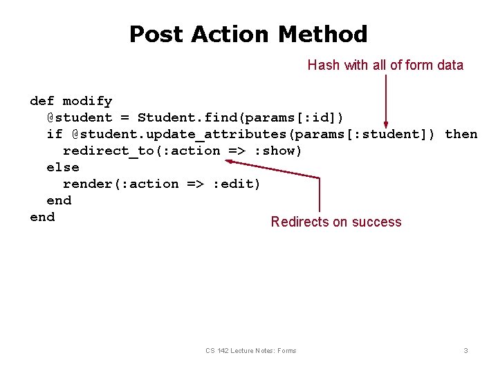 Post Action Method Hash with all of form data def modify @student = Student.