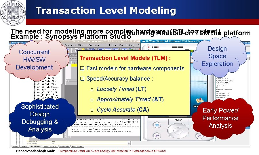 Transaction Level Modeling The need for modeling more complex hardware: (RTLon too slow!) Running