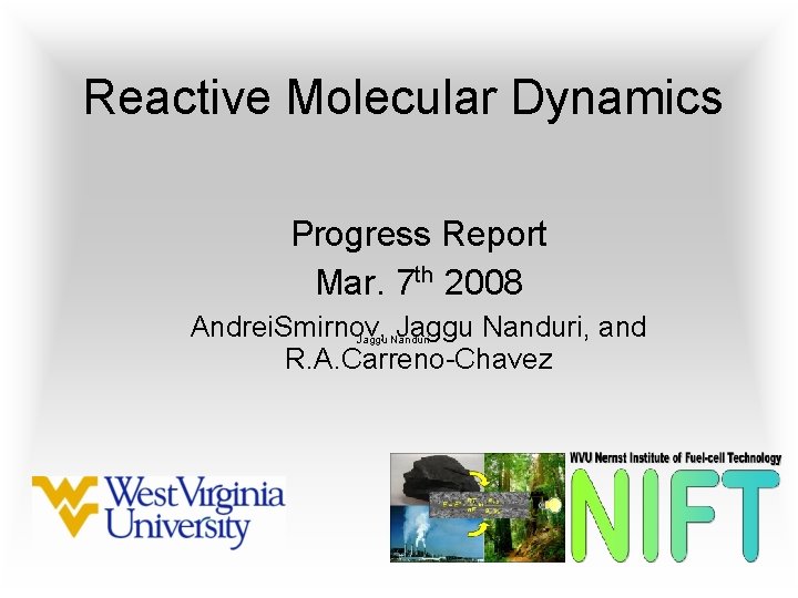 Reactive Molecular Dynamics Progress Report Mar. 7 th 2008 Andrei. Smirnov, Jaggu Nanduri, and