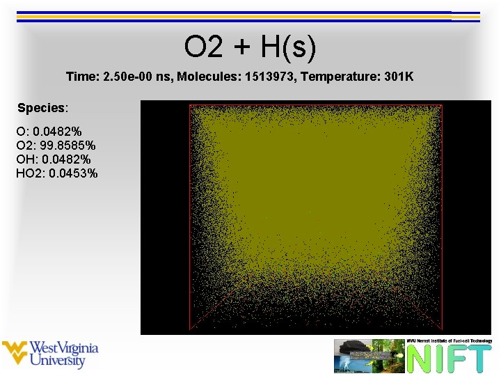 O 2 + H(s) Time: 2. 50 e-00 ns, Molecules: 1513973, Temperature: 301 K