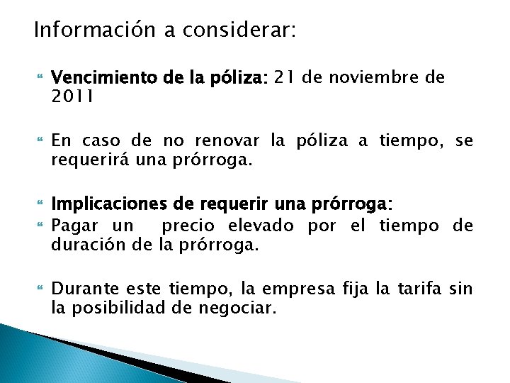 Información a considerar: Vencimiento de la póliza: 21 de noviembre de 2011 En caso