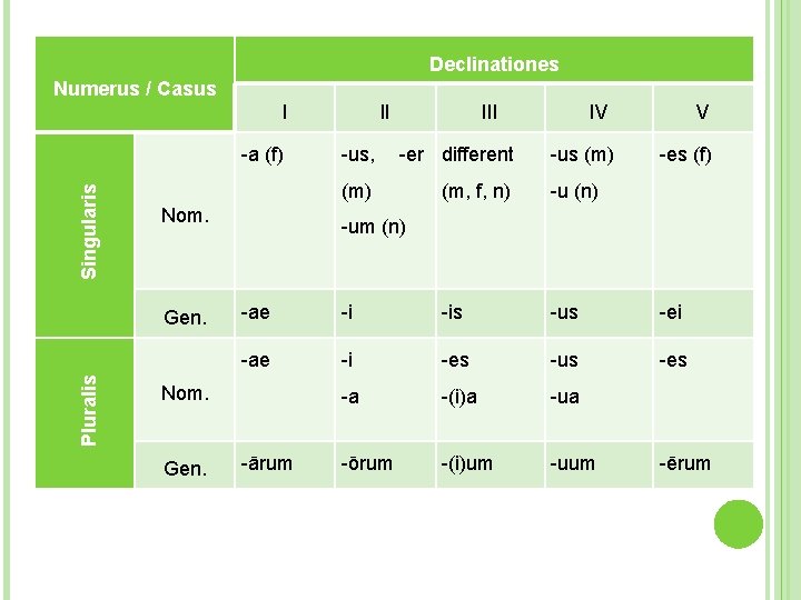 Declinationes Numerus / Casus I Singularis -a (f) Nom. Pluralis Gen. III IV V