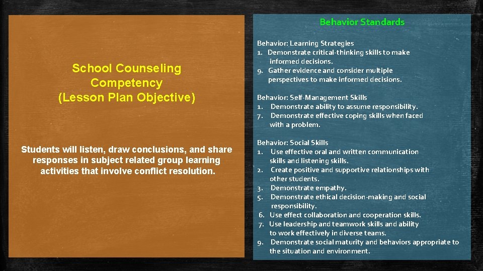 Behavior Standards School Counseling Competency (Lesson Plan Objective) Students will listen, draw conclusions, and