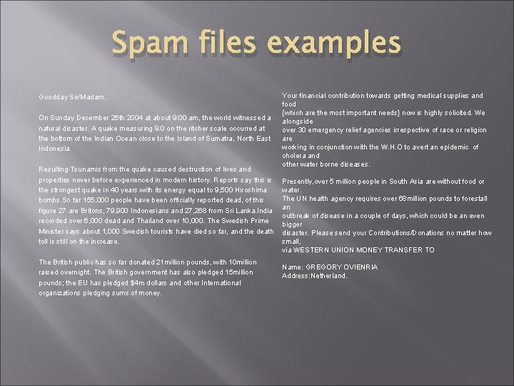 Spam files examples Goodday Sir/Madam, On Sunday December 26 th 2004 at about 9: