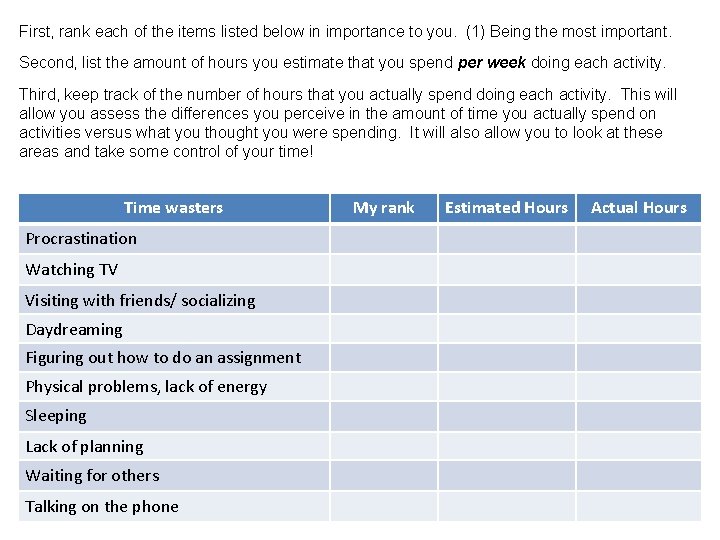 First, rank each of the items listed below in importance to you. (1) Being