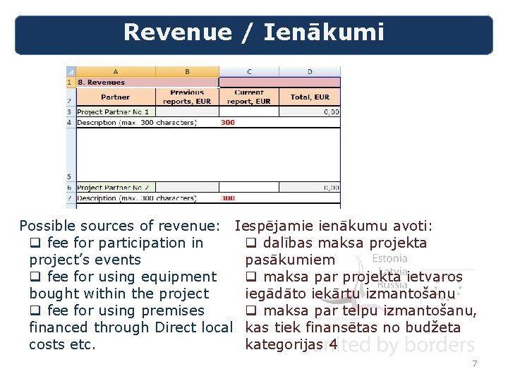 Revenue / Ienākumi Possible sources of revenue: Iespējamie ienākumu avoti: q fee for participation