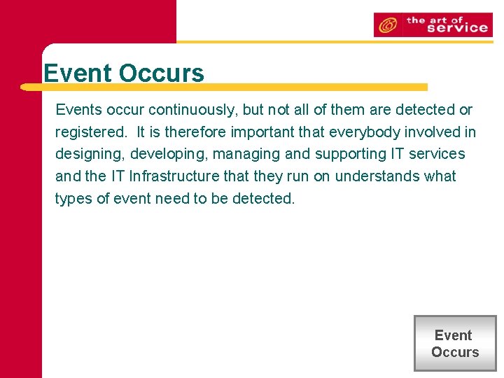 Event Occurs Events occur continuously, but not all of them are detected or registered. Event Occurs Events occur continuously, but not all of them are detected or registered.