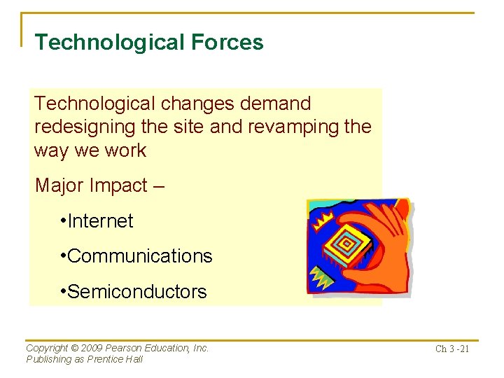 Technological Forces Technological changes demand redesigning the site and revamping the way we work