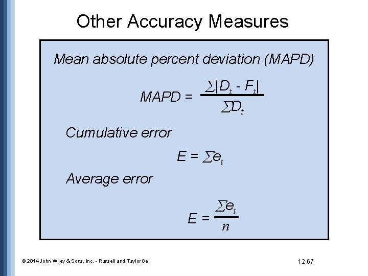 Other Accuracy Measures Mean absolute percent deviation (MAPD) |Dt - Ft| MAPD = Dt