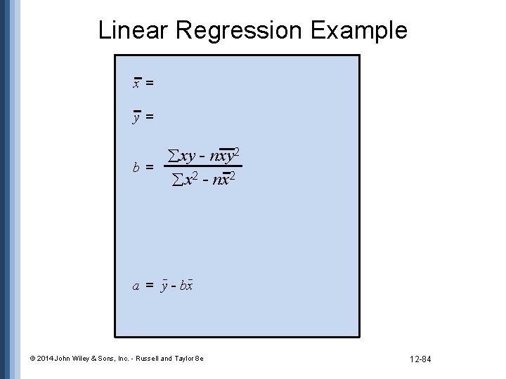Linear Regression Example x= y= xy - nxy 2 b= x 2 - nx