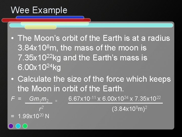 Wee Example • The Moon’s orbit of the Earth is at a radius 3.