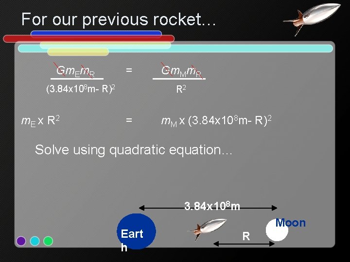 For our previous rocket… Gm. Em. R = (3. 84 x 108 m- R)2