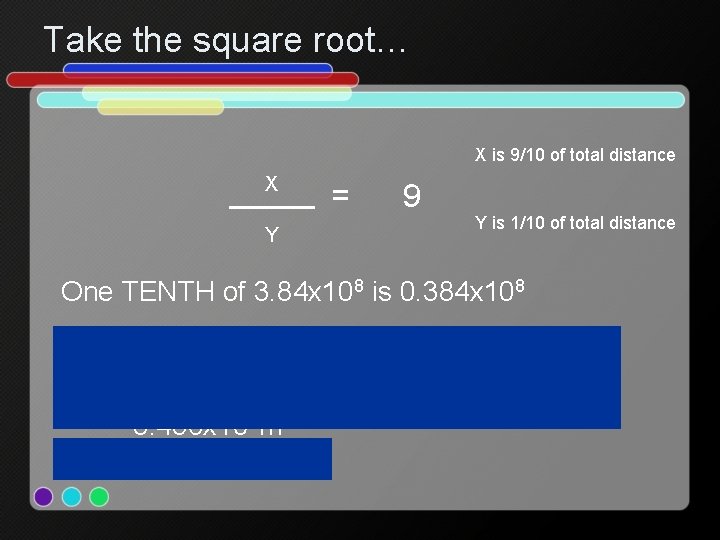 Take the square root… X is 9/10 of total distance X Y = 9