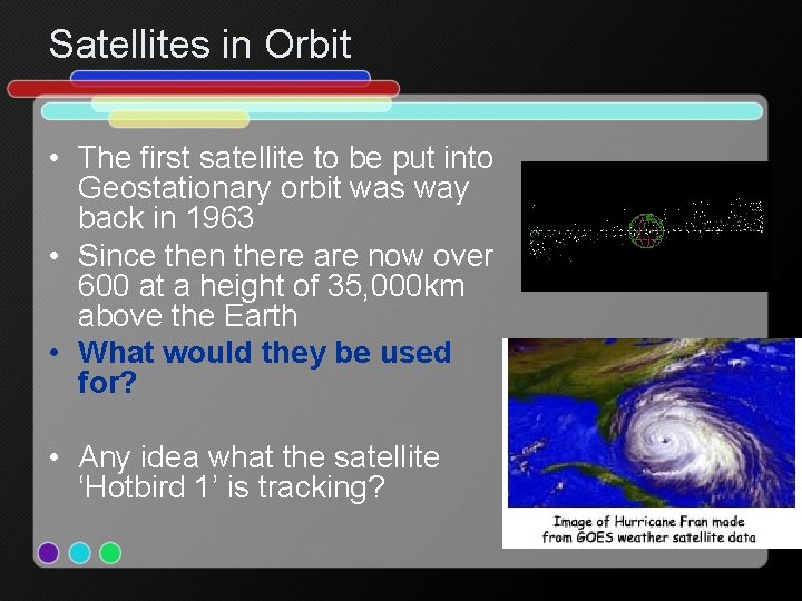 Satellites in Orbit • The first satellite to be put into Geostationary orbit was