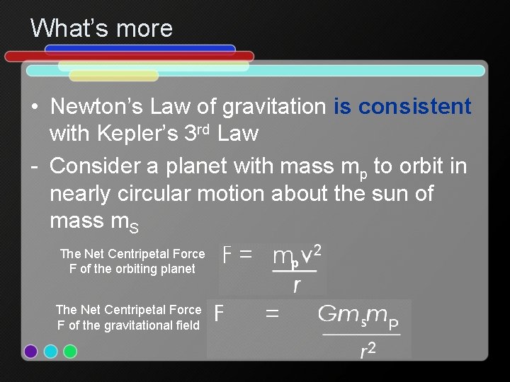 What’s more • Newton’s Law of gravitation is consistent with Kepler’s 3 rd Law