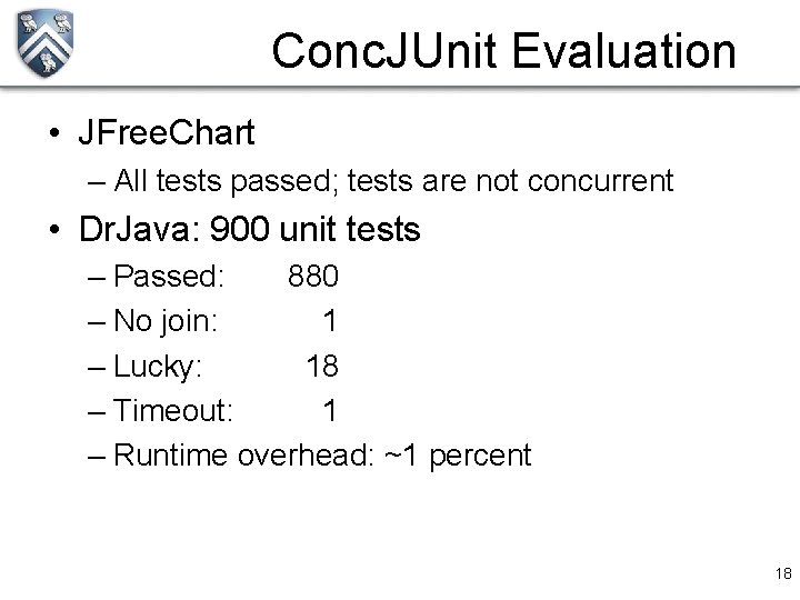 Conc. JUnit Evaluation • JFree. Chart – All tests passed; tests are not concurrent
