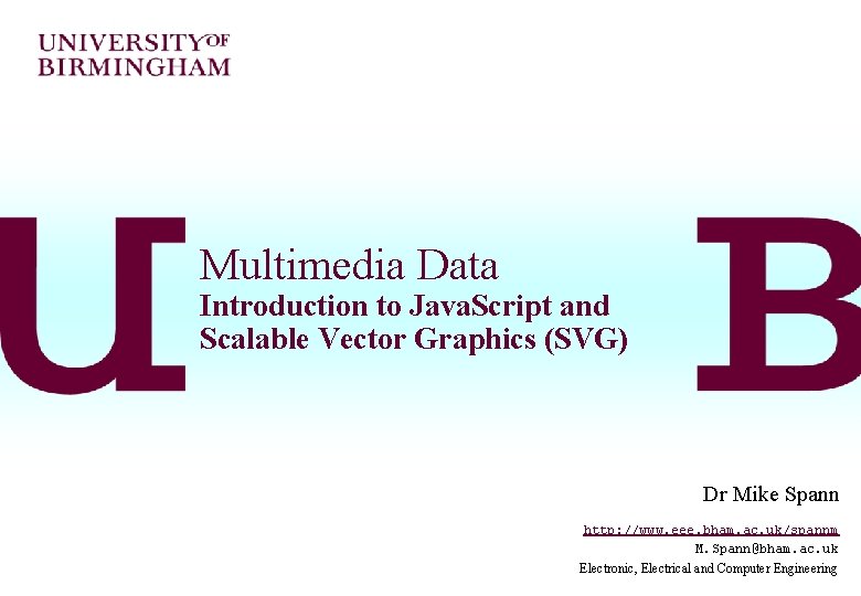 Multimedia Data Introduction to Java. Script and Scalable Vector Graphics (SVG) Dr Mike Spann