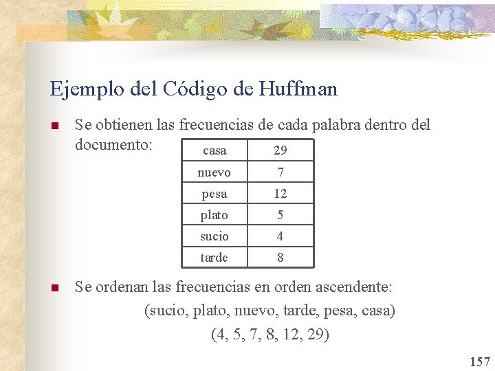 Ejemplo del Código de Huffman n n Se obtienen las frecuencias de cada palabra